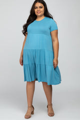 Aqua Blue Tiered Maternity Plus Dress