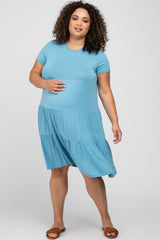 Aqua Blue Tiered Maternity Plus Dress