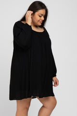 Black Textured Dot Square Neck Plus Dress