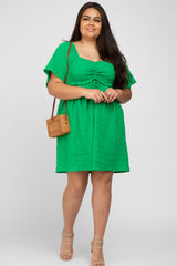 Green Smocked Ruched Tie Front Plus Dress