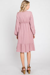 Mauve Long Sleeve Ruffle Hem Midi Dress