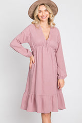 Mauve Long Sleeve Ruffle Hem Midi Dress