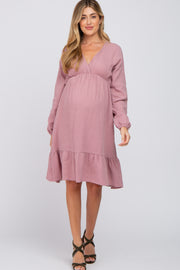 Mauve Long Sleeve Ruffle Hem Maternity Midi Dress