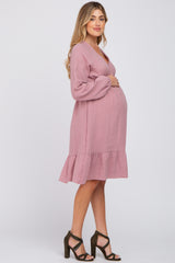 Mauve Long Sleeve Ruffle Hem Maternity Midi Dress