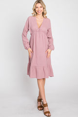 Mauve Long Sleeve Ruffle Hem Midi Dress