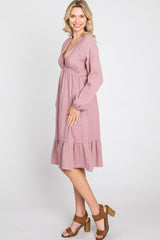 Mauve Long Sleeve Ruffle Hem Midi Dress