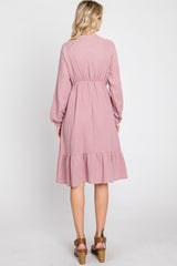 Mauve Long Sleeve Ruffle Hem Midi Dress