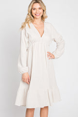 Beige Long Sleeve Ruffle Hem Midi Dress