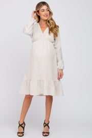 Beige Long Sleeve Ruffle Hem Maternity Midi Dress