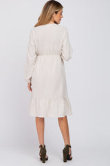 Beige Long Sleeve Ruffle Hem Maternity Midi Dress