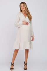 Beige Long Sleeve Ruffle Hem Maternity Midi Dress