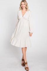 Beige Long Sleeve Ruffle Hem Midi Dress