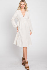 Beige Long Sleeve Ruffle Hem Midi Dress