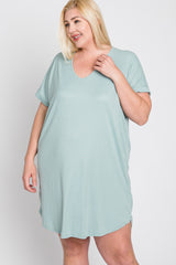 Mint Green Ribbed Short Sleeve Plus Dress