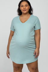 Mint Green Ribbed Short Sleeve Maternity Plus Dress