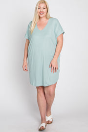 Mint Green Ribbed Short Sleeve Plus Dress