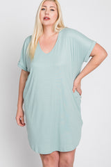 Mint Green Ribbed Short Sleeve Plus Dress