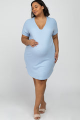 Light Blue Ribbed Short Sleeve Maternity Plus Dress