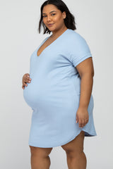 Light Blue Ribbed Short Sleeve Maternity Plus Dress