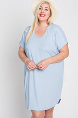 Light Blue Ribbed Short Sleeve Maternity Plus Dress