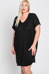 Black Ribbed Short Sleeve Maternity Plus Dress