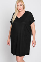 Black Ribbed Short Sleeve Maternity Plus Dress