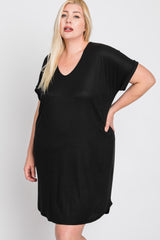 Black Ribbed Short Sleeve Maternity Plus Dress