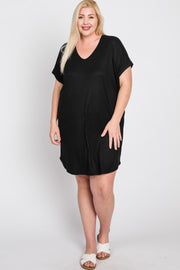 Black Ribbed Short Sleeve Maternity Plus Dress