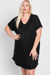 Black Ribbed Short Sleeve Maternity Plus Dress