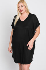 Black Ribbed Short Sleeve Maternity Plus Dress