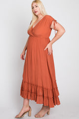 Rust Drawstring Sleeve Ruffle Hem Plus Maxi Dress