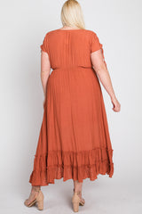 Rust Drawstring Sleeve Ruffle Hem Plus Maxi Dress