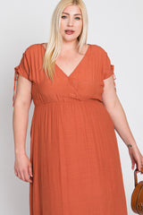 Rust Drawstring Sleeve Ruffle Hem Plus Maxi Dress