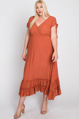 Rust Drawstring Sleeve Ruffle Hem Plus Maxi Dress