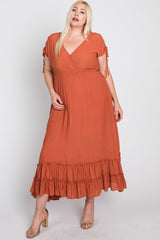 Rust Drawstring Sleeve Ruffle Hem Plus Maxi Dress