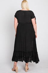 Black Drawstring Sleeve Ruffle Hem Plus Maxi Dress