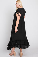 Black Drawstring Sleeve Ruffle Hem Plus Maxi Dress