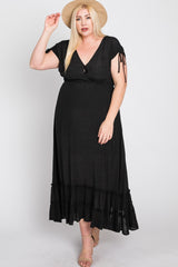 Black Drawstring Sleeve Ruffle Hem Plus Maxi Dress