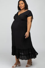 Black Drawstring Sleeve Ruffle Hem Maternity Plus Maxi Dress