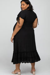 Black Drawstring Sleeve Ruffle Hem Maternity Plus Maxi Dress