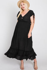 Black Drawstring Sleeve Ruffle Hem Maternity Plus Maxi Dress