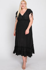 Black Drawstring Sleeve Ruffle Hem Plus Maxi Dress