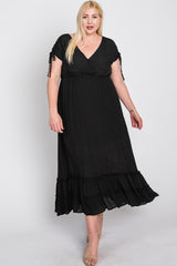 Black Drawstring Sleeve Ruffle Hem Plus Maxi Dress