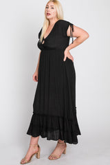 Black Drawstring Sleeve Ruffle Hem Plus Maxi Dress