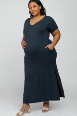 Charcoal Side Slit Maternity Plus Midi Dress