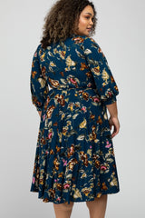 Navy Blue Floral Wrap Front Waist Tie Maternity Plus Midi Dress