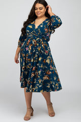 Navy Blue Floral Wrap Front Waist Tie Maternity Plus Midi Dress