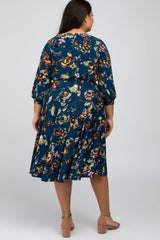 Navy Blue Floral Wrap Front Waist Tie Plus Midi Dress