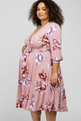 Light Pink Floral Wrap Front Waist Tie Maternity Plus Midi Dress