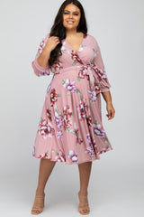 Light Pink Floral Wrap Front Waist Tie Maternity Plus Midi Dress